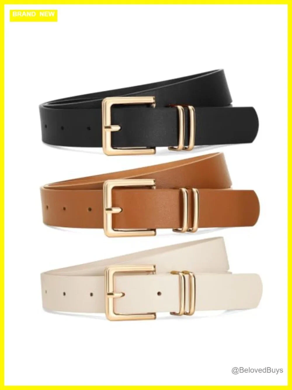 Faux Leather Women's Belt 3 Pack Gold Square Buckle
